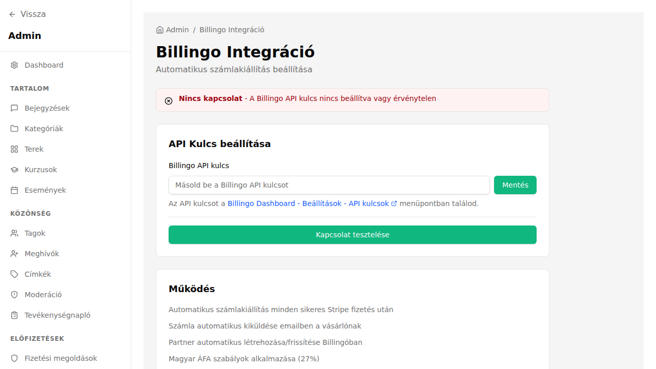 Billingo számlázás beállítása