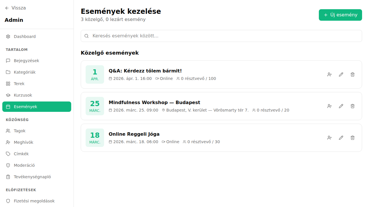 Események listája az admin felületen