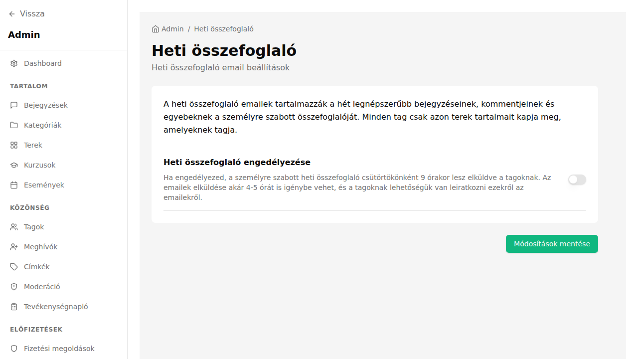 Heti összefoglaló email beállítás