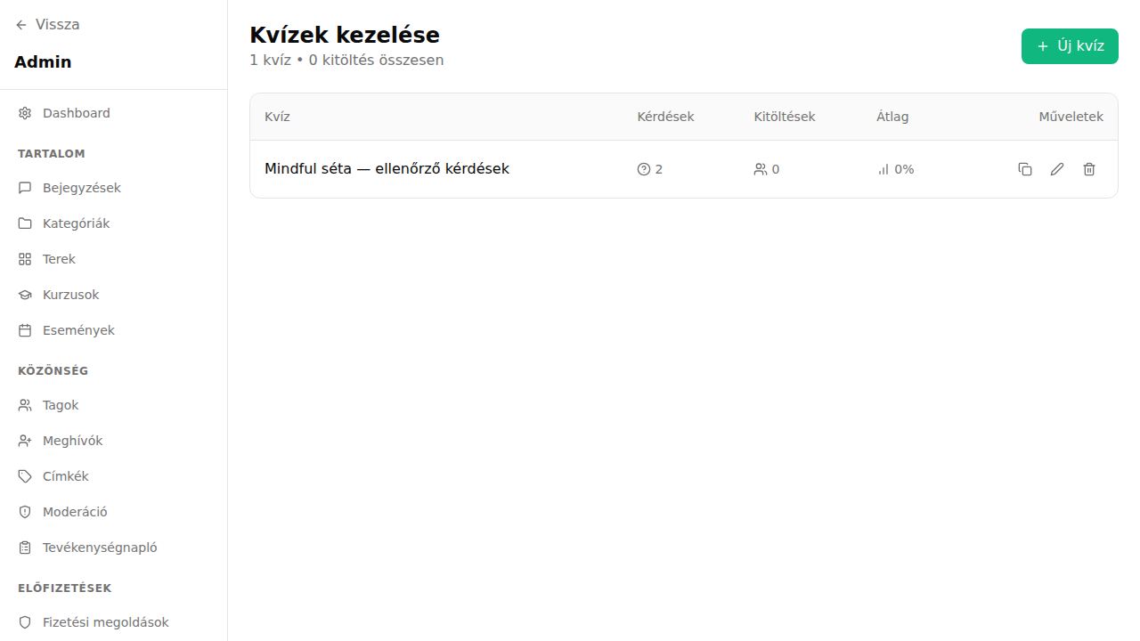 Kvíz kezelése a kurzuson belül