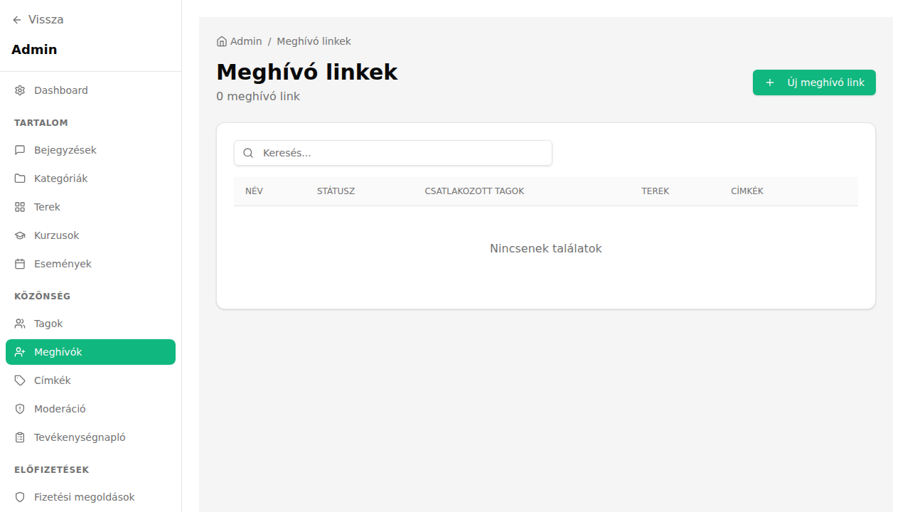 Meghívó linkek kezelése