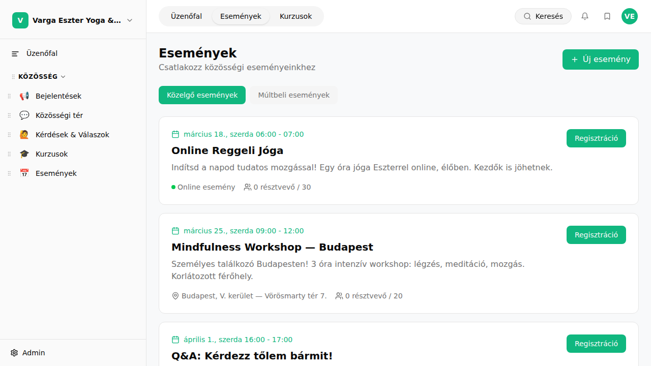 Naptár nézet a közösségi felületen