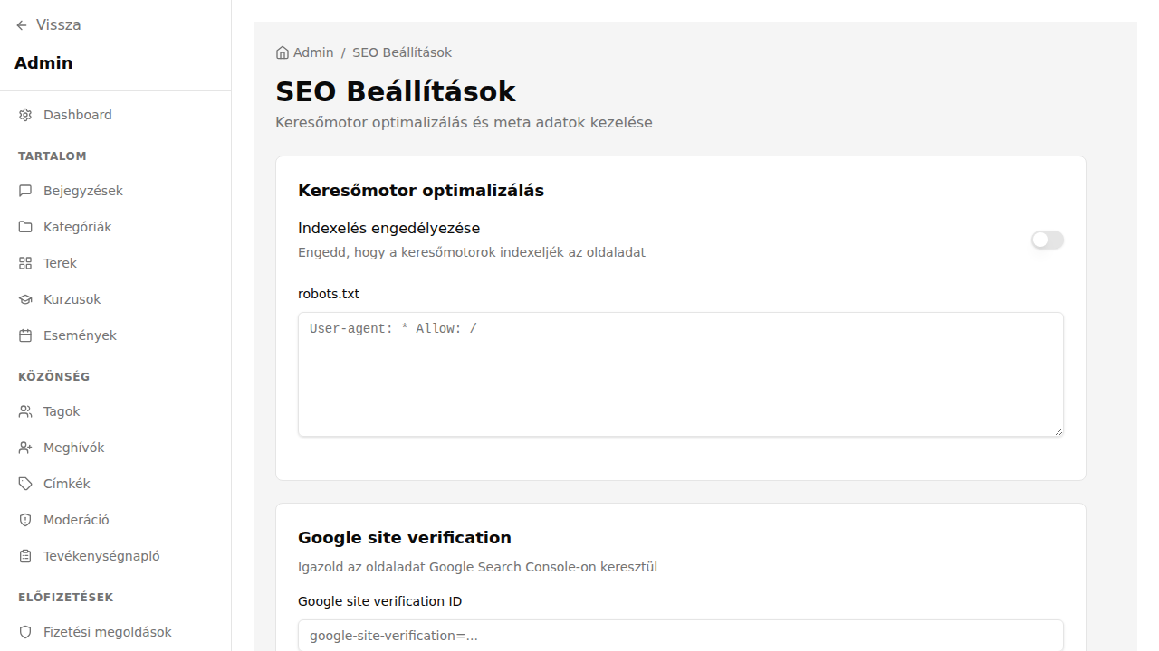 SEO beállítások