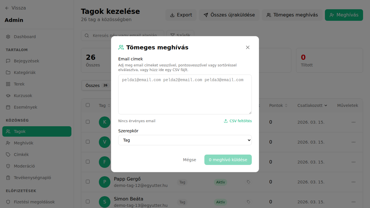 Tömeges meghívás ablak